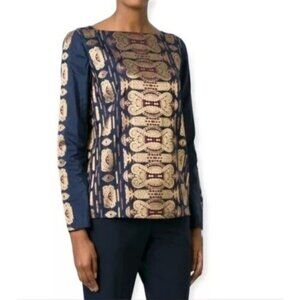 Tory Burch Gold Navy Metallic Jacquard Blouse Tunic Top - Authentic!